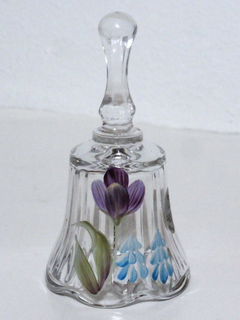 Vintage FENTON Glass BELL Clear Signed, Fenton Paper Sticker Painted Flower Art